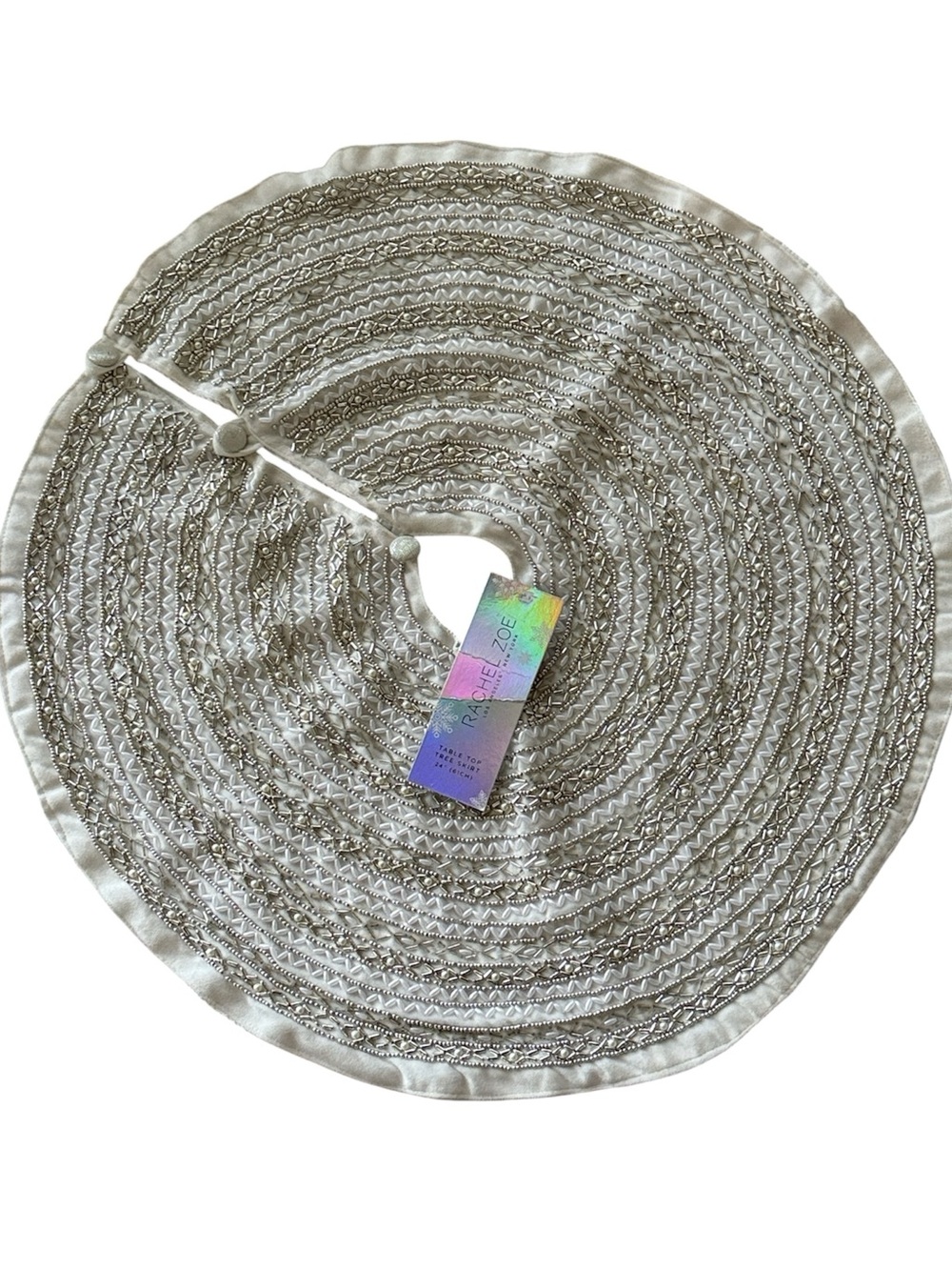 Rachel Zoe Ivory and Silver Embellished Tabletop Tree Skirt!